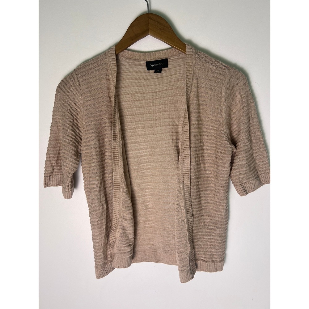 M Cardigan Office Beige Short Sleeve Ribbed Open Front Grannycore Indie Fall Y2K